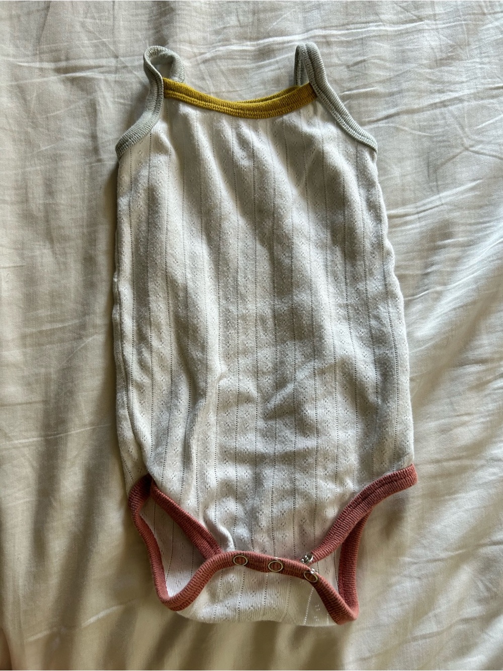 Cotton Bodysuit tank in White with Pink and Yellow Trim - Pehr 12-18 months.